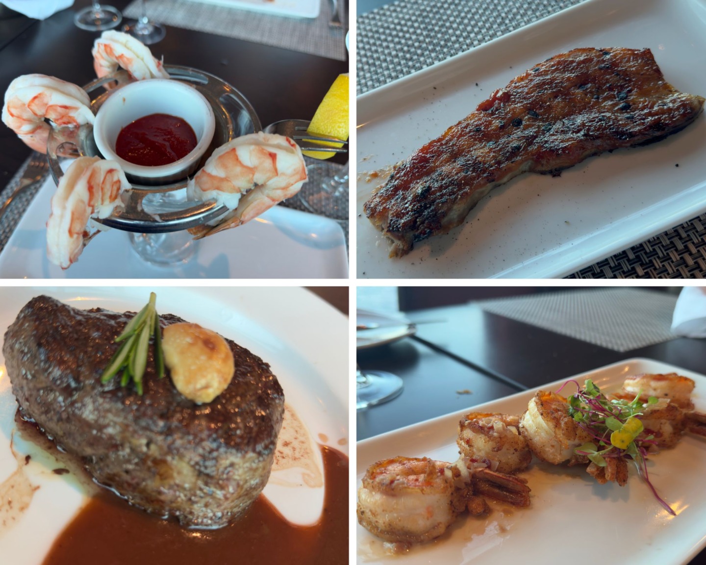 4 photo collage: starter plates of prawn cocktail and spiced bacon, filet steak and spicy shrimp main plate at Chops restaurant