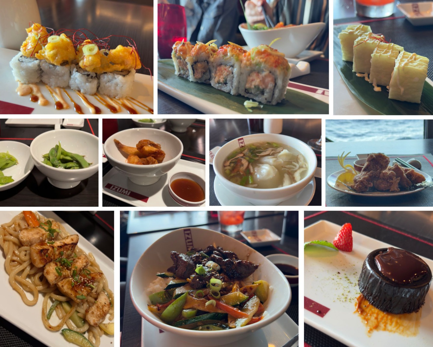 10 photo collage of small and large plates at Izumi sushi restaurant