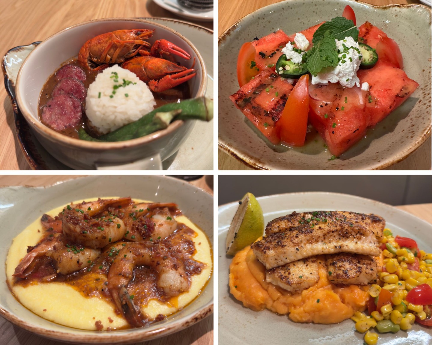 4 photo collage: starter plates of gumbo and charred watermelon, shrimp n grits and blackened catfish main plates at Mason Jar restaurant