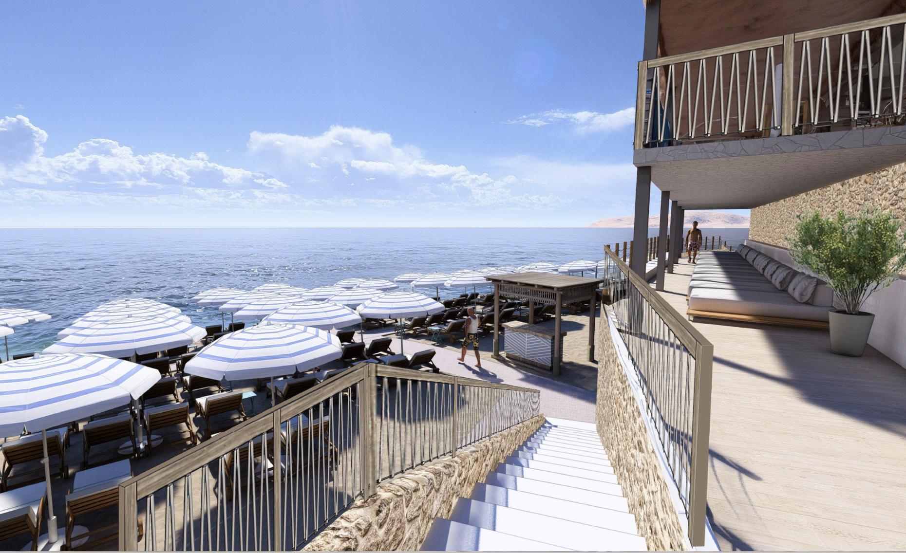 Artist rendering of Royal Beach Club Santorini, beach loungers