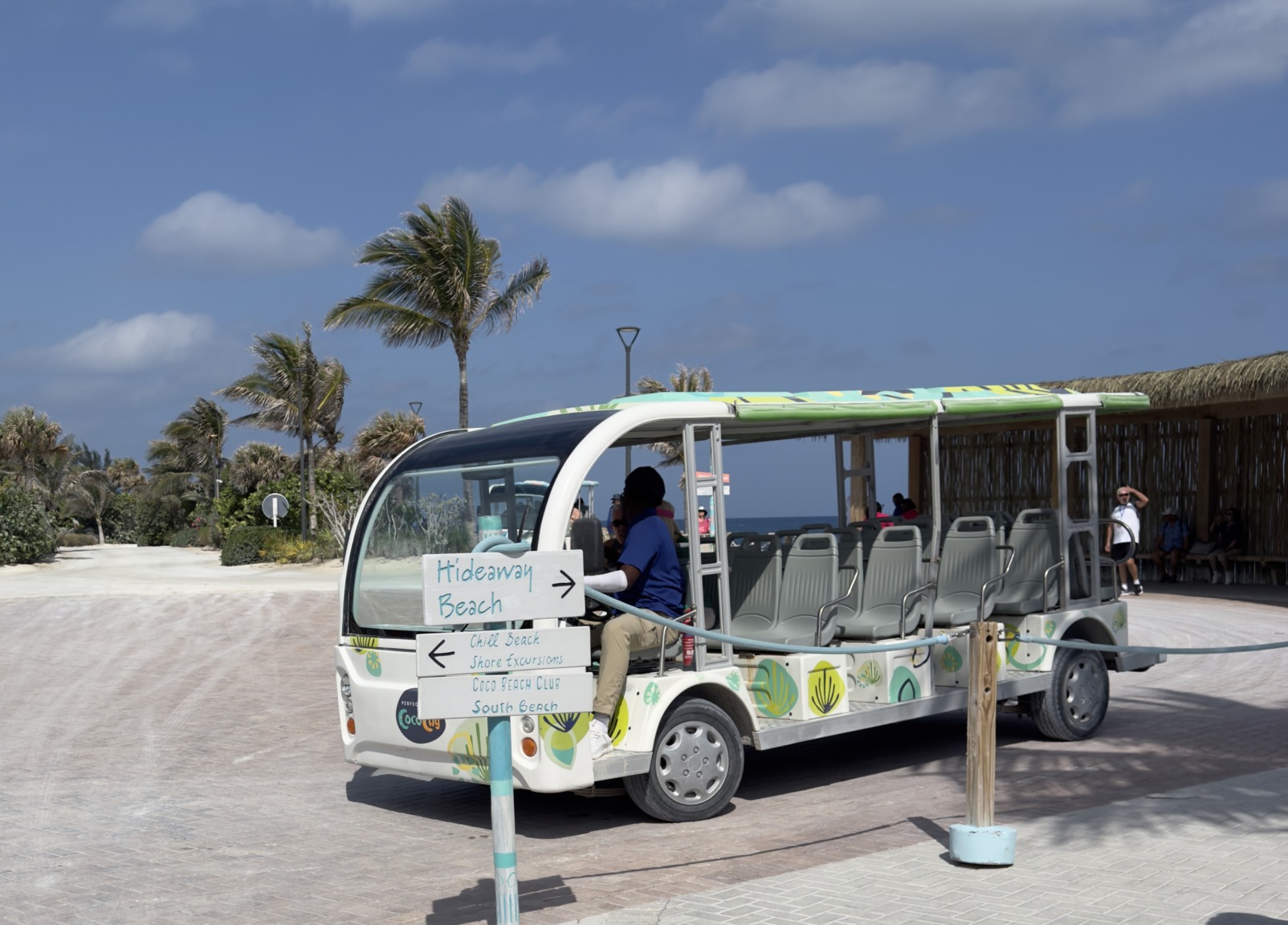 Tram stop near welcome plaza, on Perfect Day at CocoCay